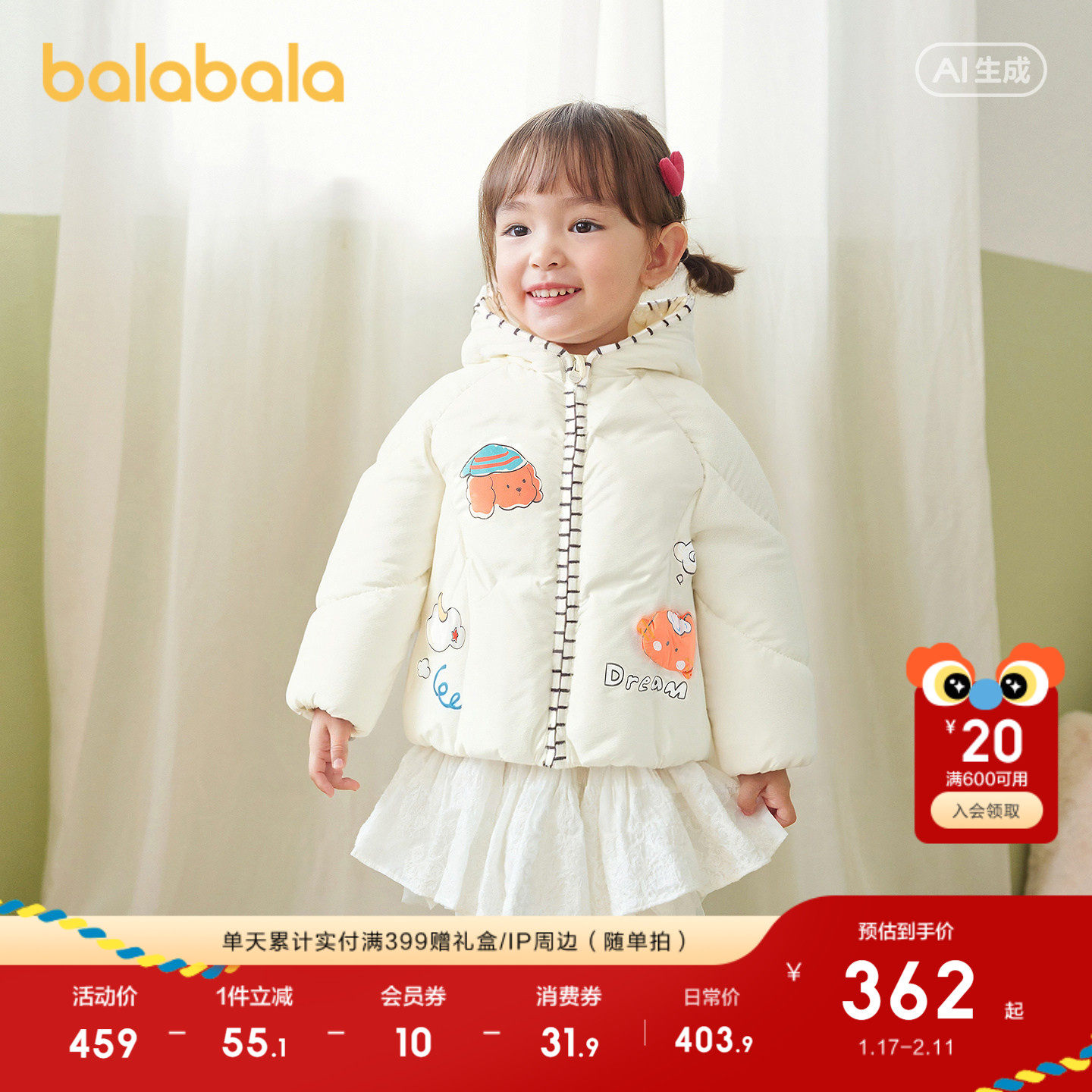 【商场同款】巴拉巴拉儿童羽绒服婴儿冬装外套2025秋冬新款时尚萌,童装/婴儿装/亲子装,羽绒服,淘宝优惠券,粉丝福利购,淘宝优惠卷