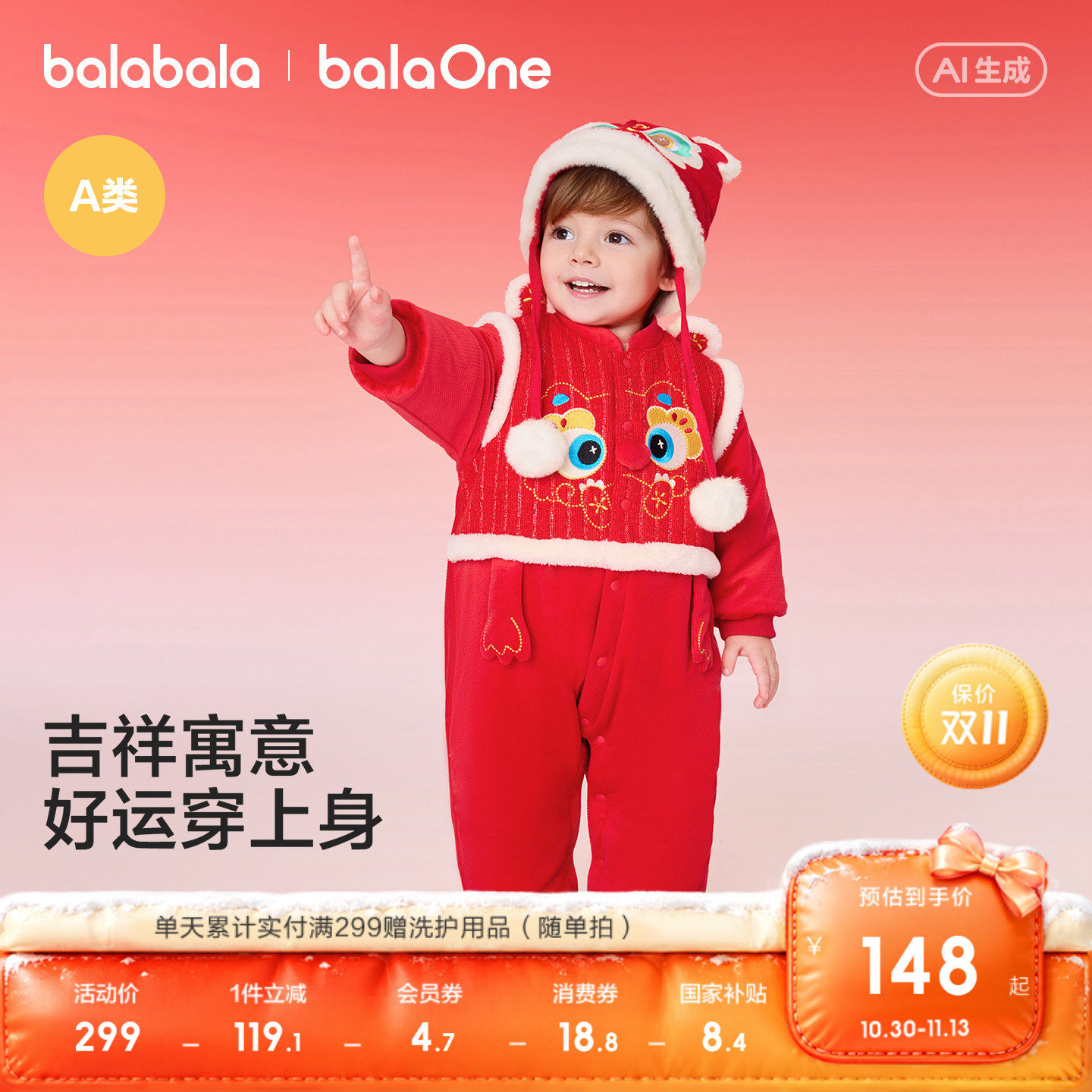 巴拉巴拉童装婴儿连体衣宝宝哈衣爬服2026新款儿童衣服充棉红色萌