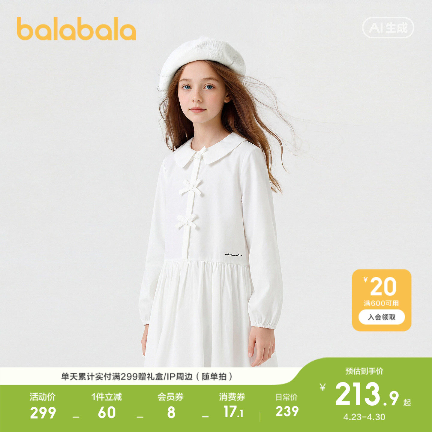 巴拉巴拉童装儿童连衣裙女童2026新款春衬衫纱裙甜美