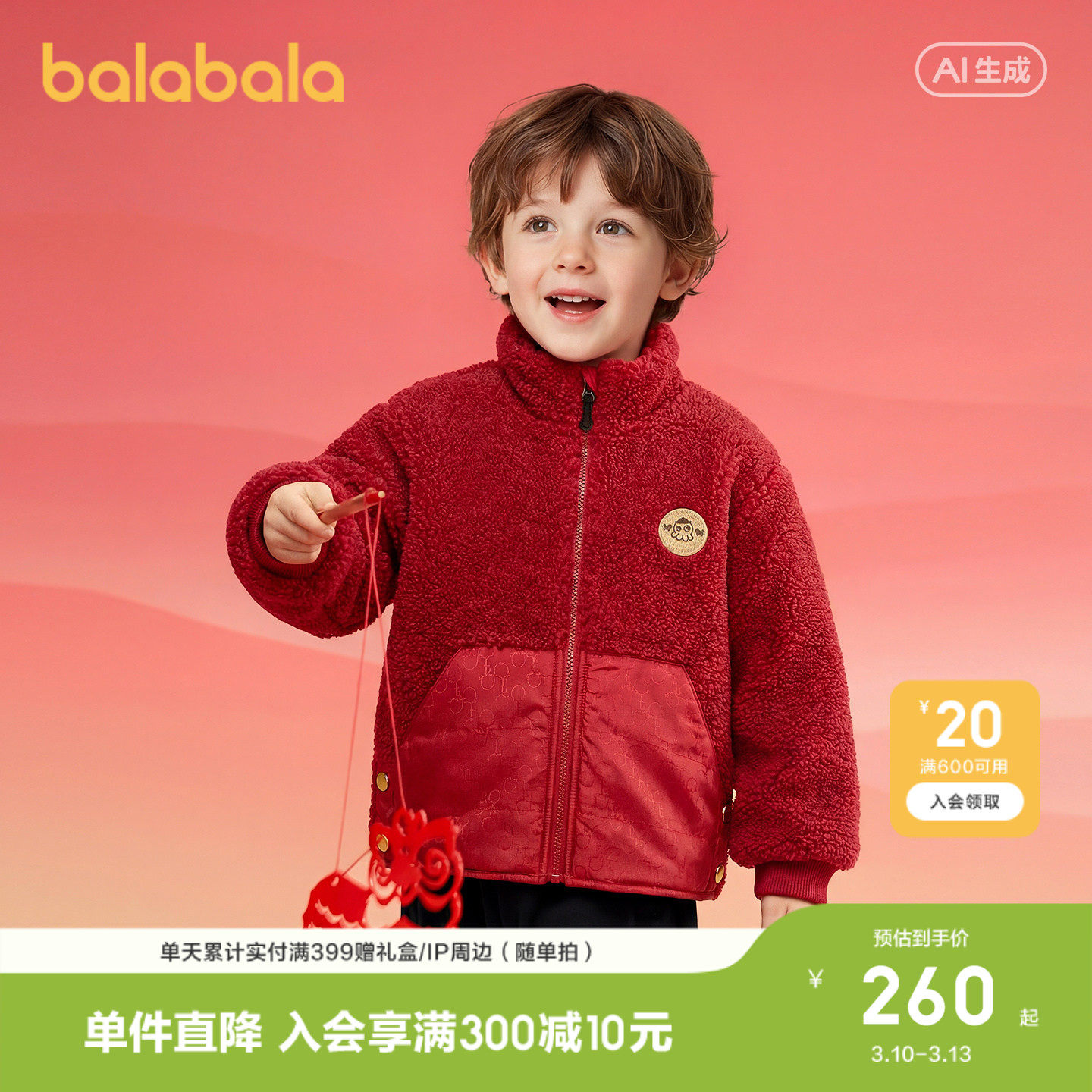 【商场同款】巴拉巴拉童装儿童棉服男童2026新款春装仿羊羔毛外套