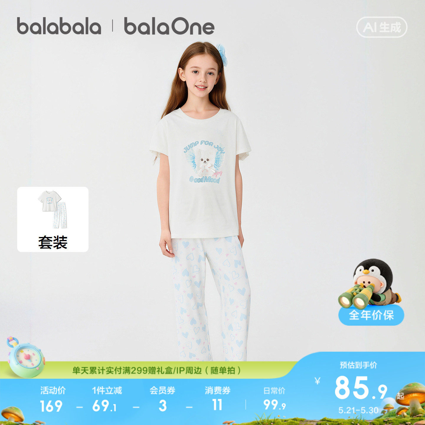 巴拉巴拉女童睡衣套装夏季空调服小中大童短袖套装宝宝家居服甜美