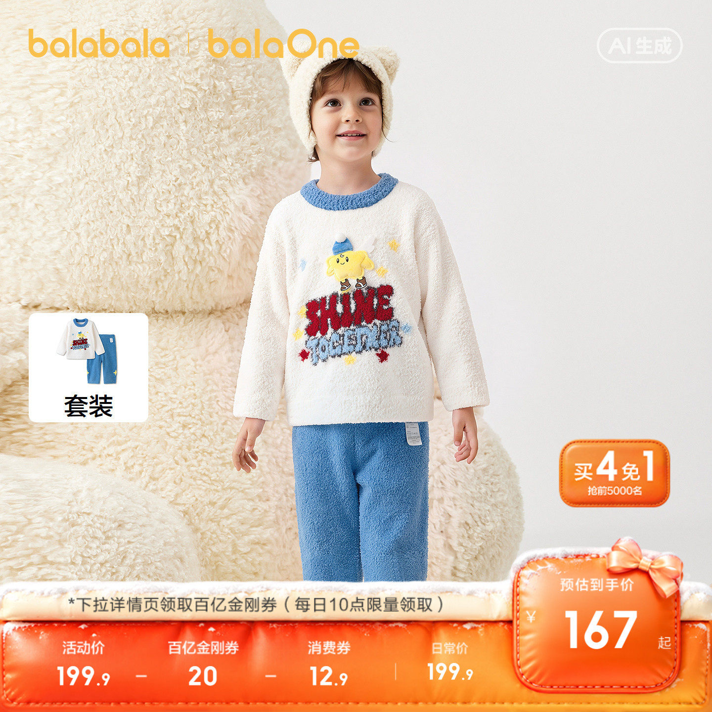 【balaOne】巴拉巴拉宝宝家居服套装秋冬款加厚暖男女童睡衣舒适