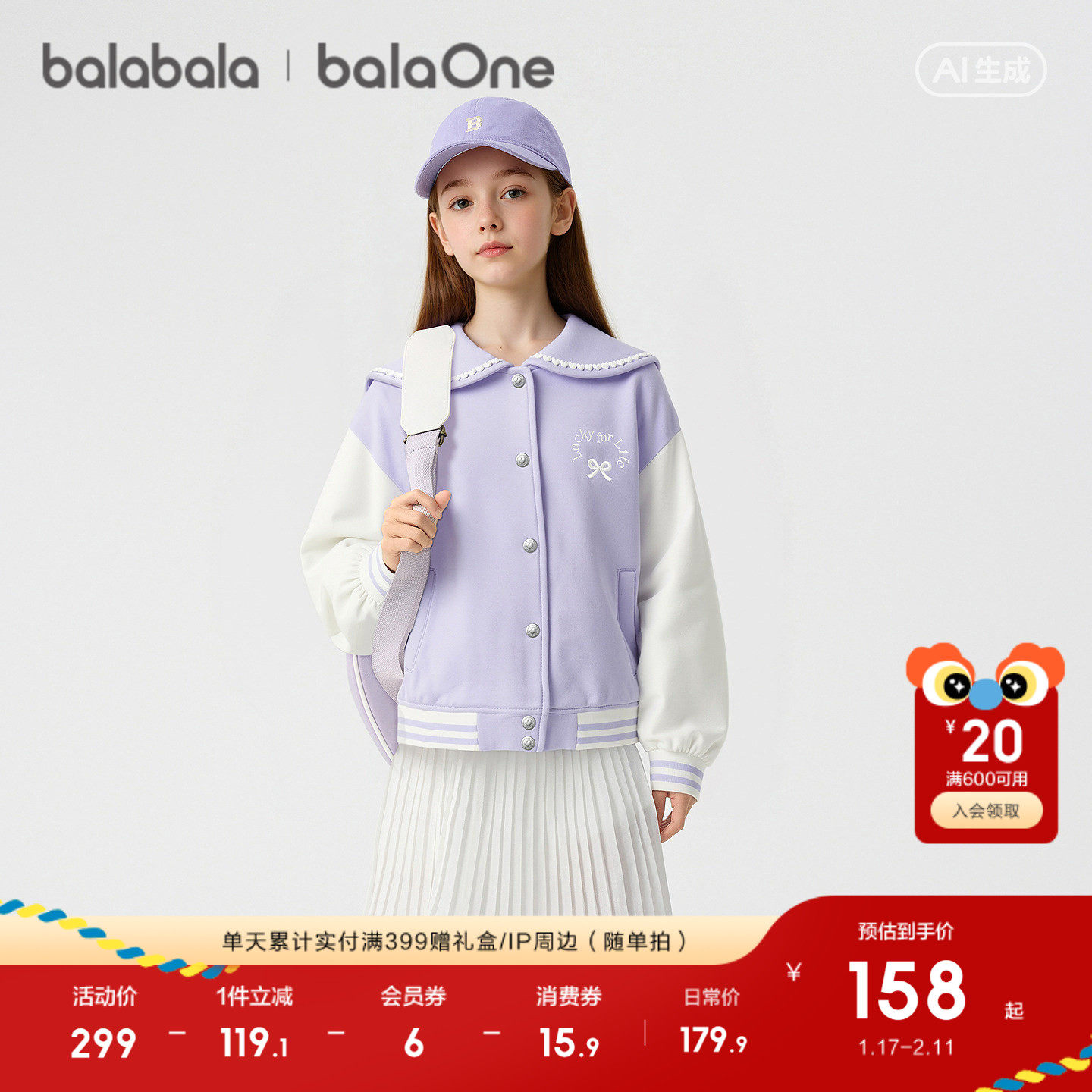 【balaOne】巴拉巴拉童装儿童外套女童棒球服2026新款春甜美撞色,童装/婴儿装/亲子装,普通外套,淘宝优惠券,粉丝福利购,淘宝优惠卷