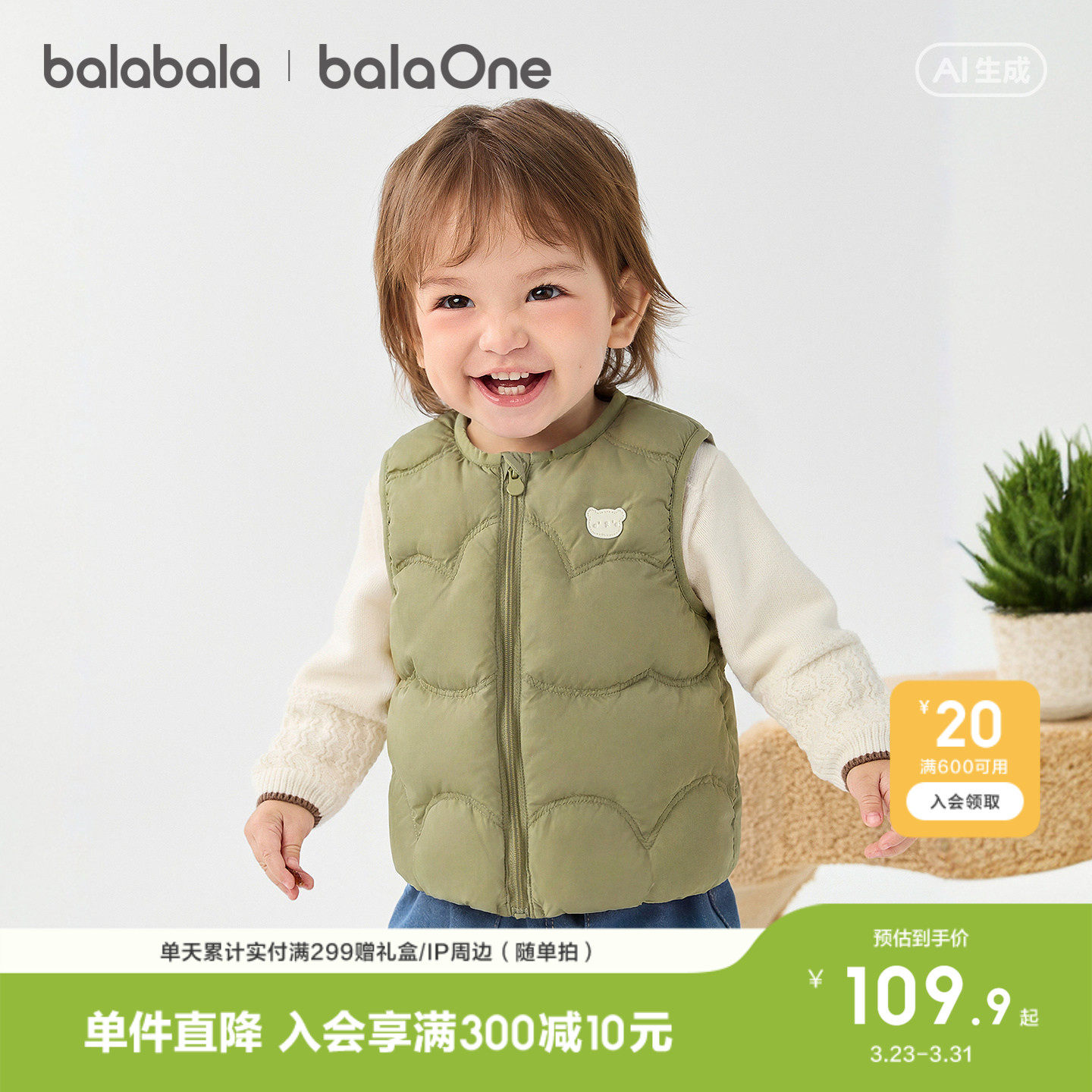 巴拉巴拉童装婴儿羽绒马甲宝宝背心上衣男童女童2026春装外套上衣