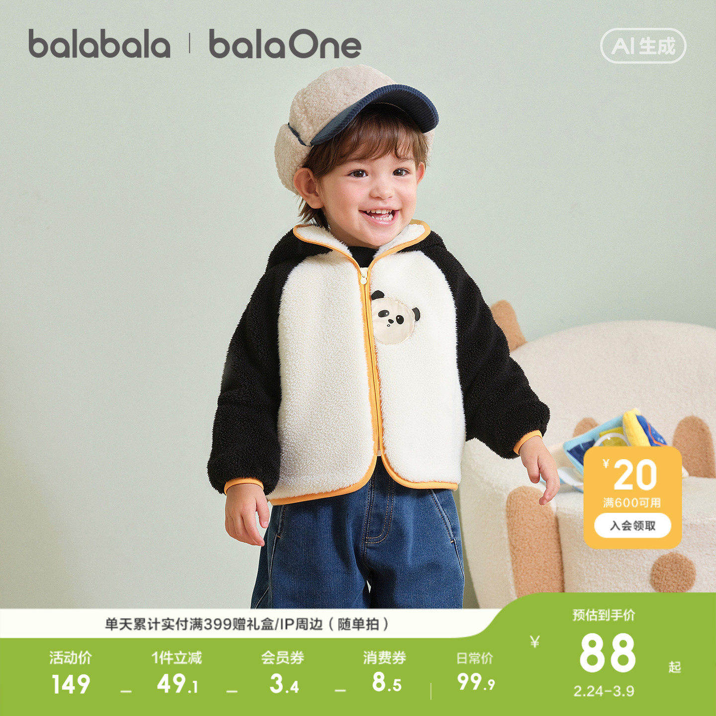 巴拉巴拉balaOne儿童外套男童女童装新款衣服秋冬珊瑚绒保暖加厚