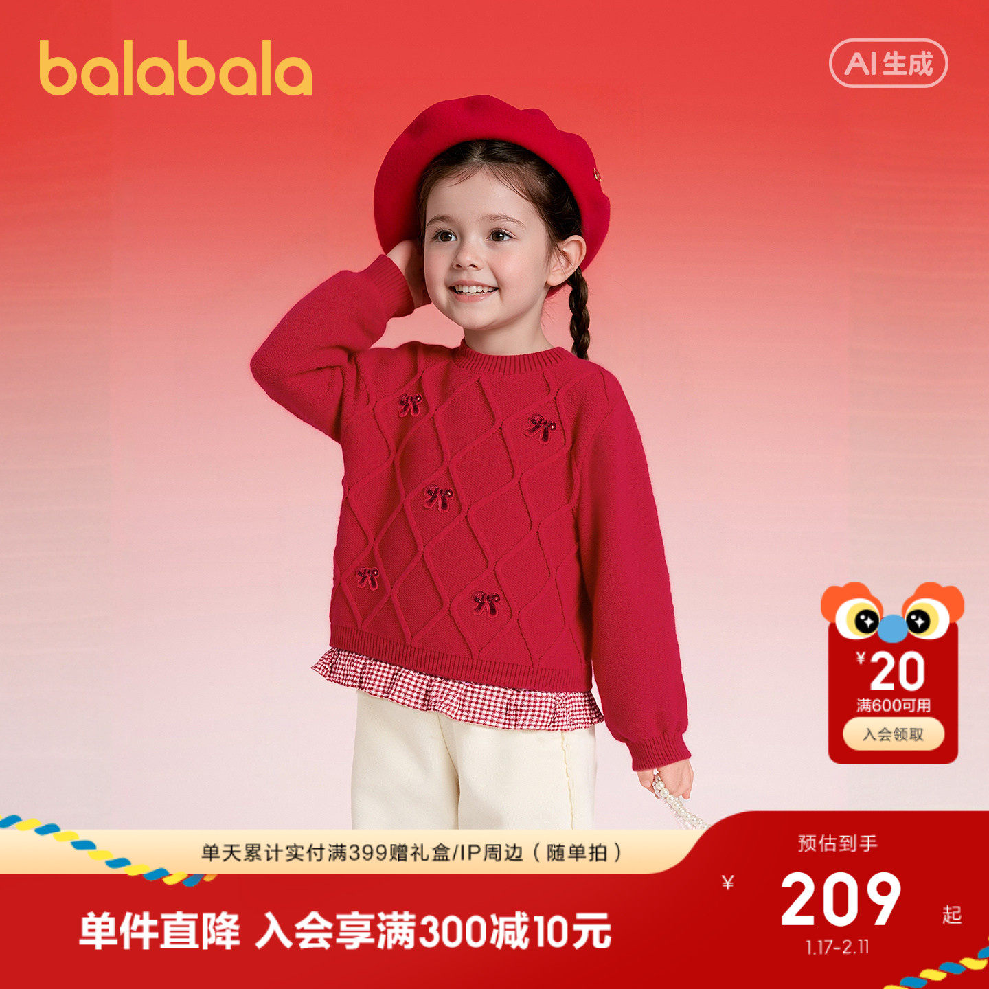 【商场同款】巴拉巴拉童装儿童毛衫女童2026年新款春装红色拜年服