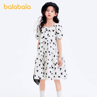 巴拉巴拉女童裙子儿童连衣裙夏装大童甜美泡泡袖A字塔裙印花时尚