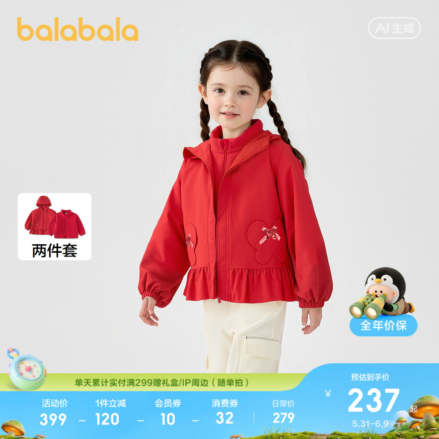 巴拉巴拉童装儿童外套女童上衣2026蝴蝶口袋软壳衣红色拜年服