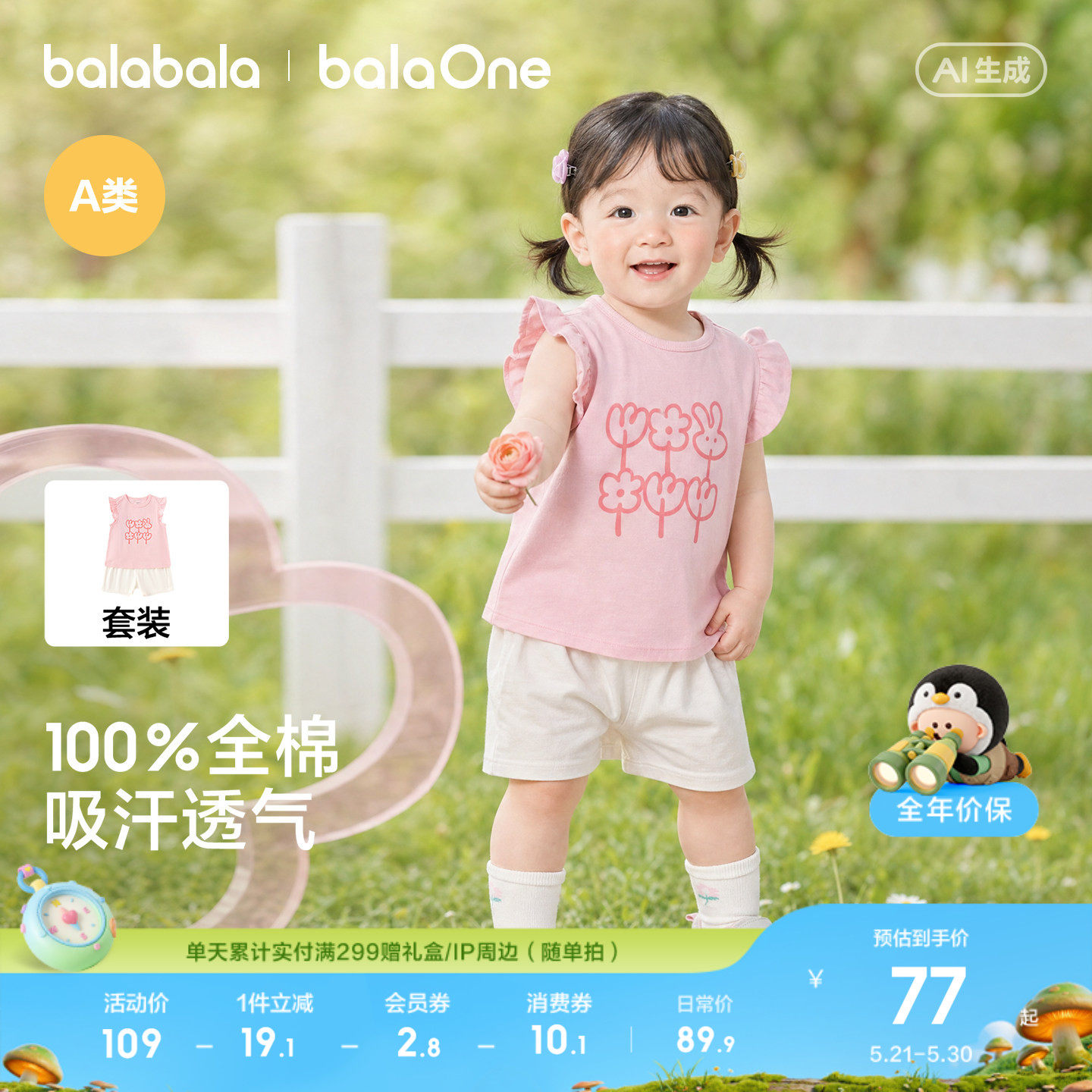 巴拉巴拉童装宝宝短袖套装婴儿女童t恤儿童两件套2026夏新款甜美