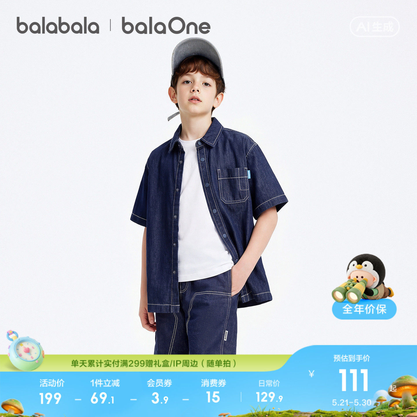 【balaOne】巴拉巴拉童装男童短袖衬衫儿童中大童牛仔2026