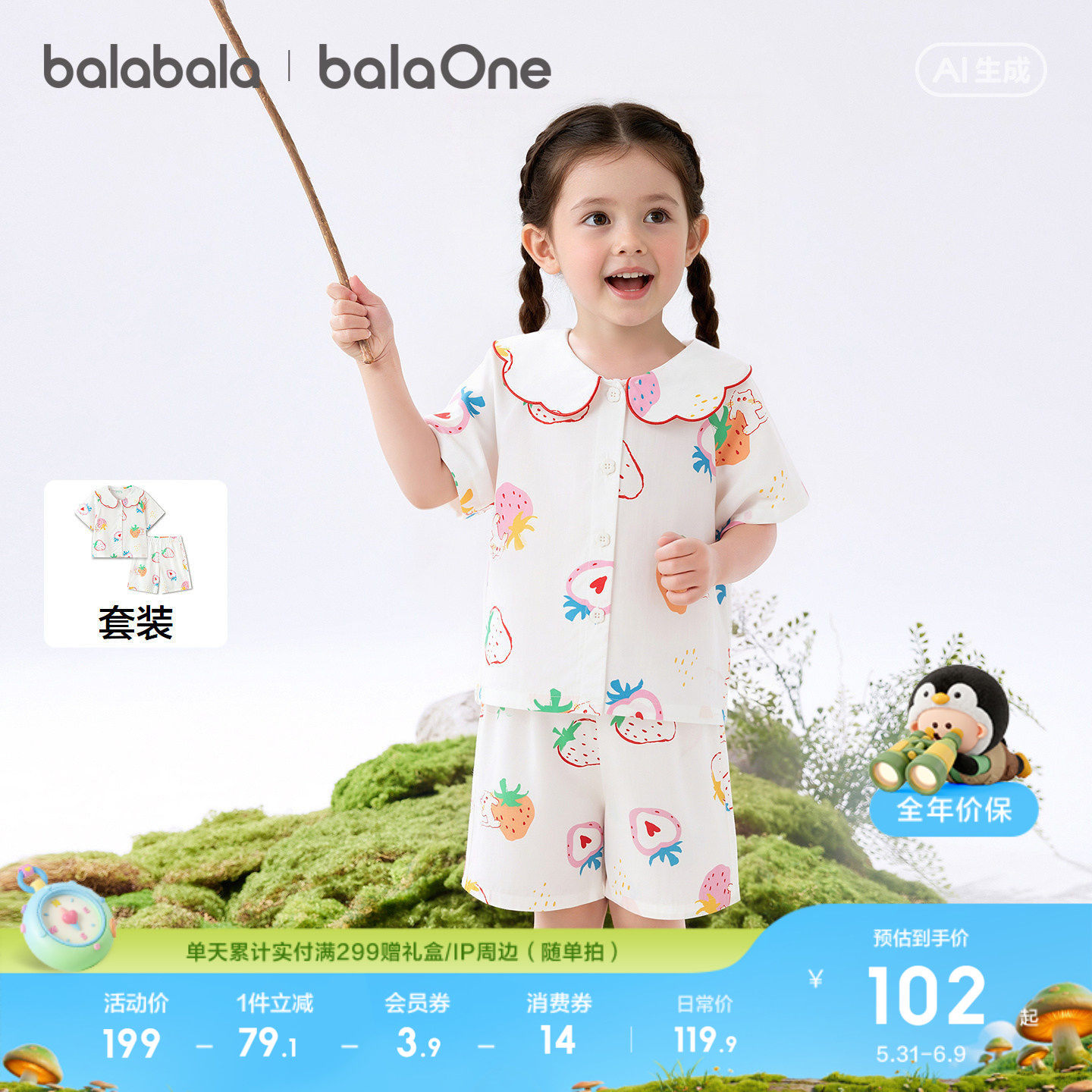 巴拉巴拉宝宝睡衣套装夏季空调服防着凉儿童家居服薄款舒适亲肤萌