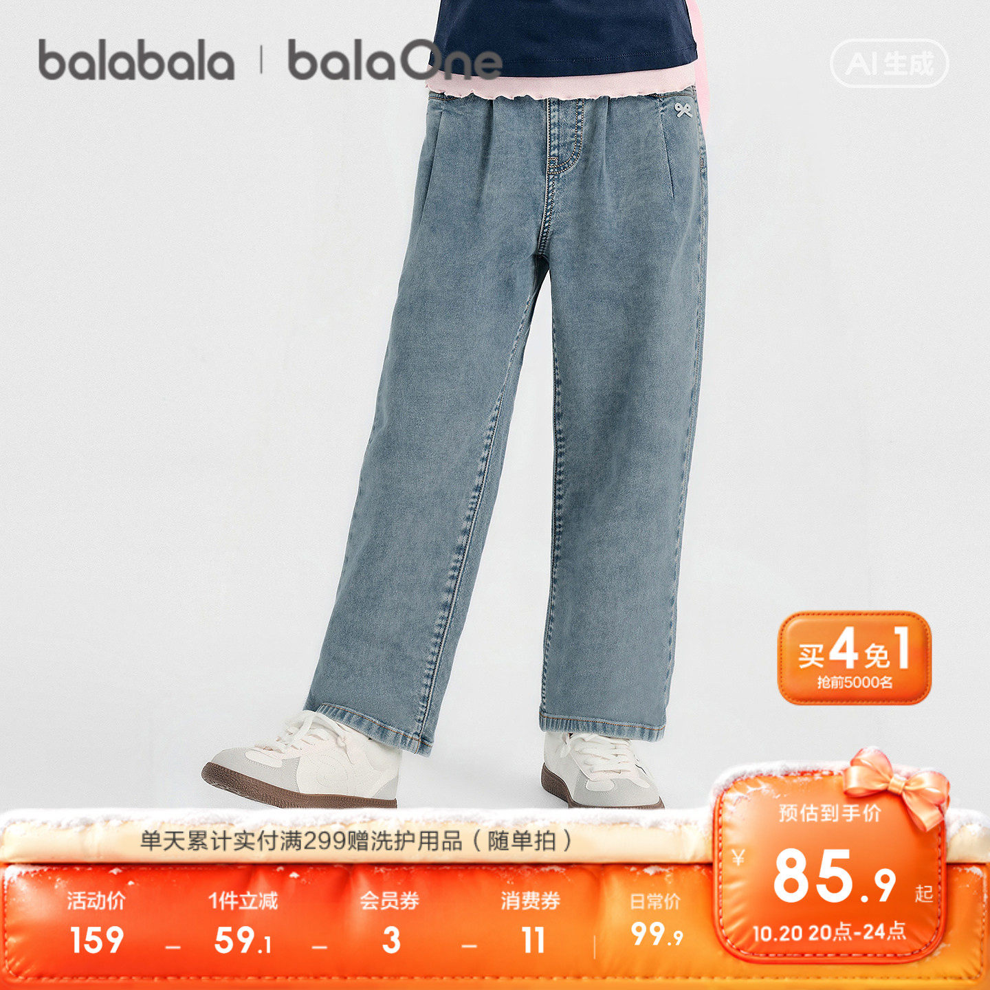 【balaOne】巴拉巴拉童装儿童裤子女童2026秋装新款牛仔裤捏褶潮