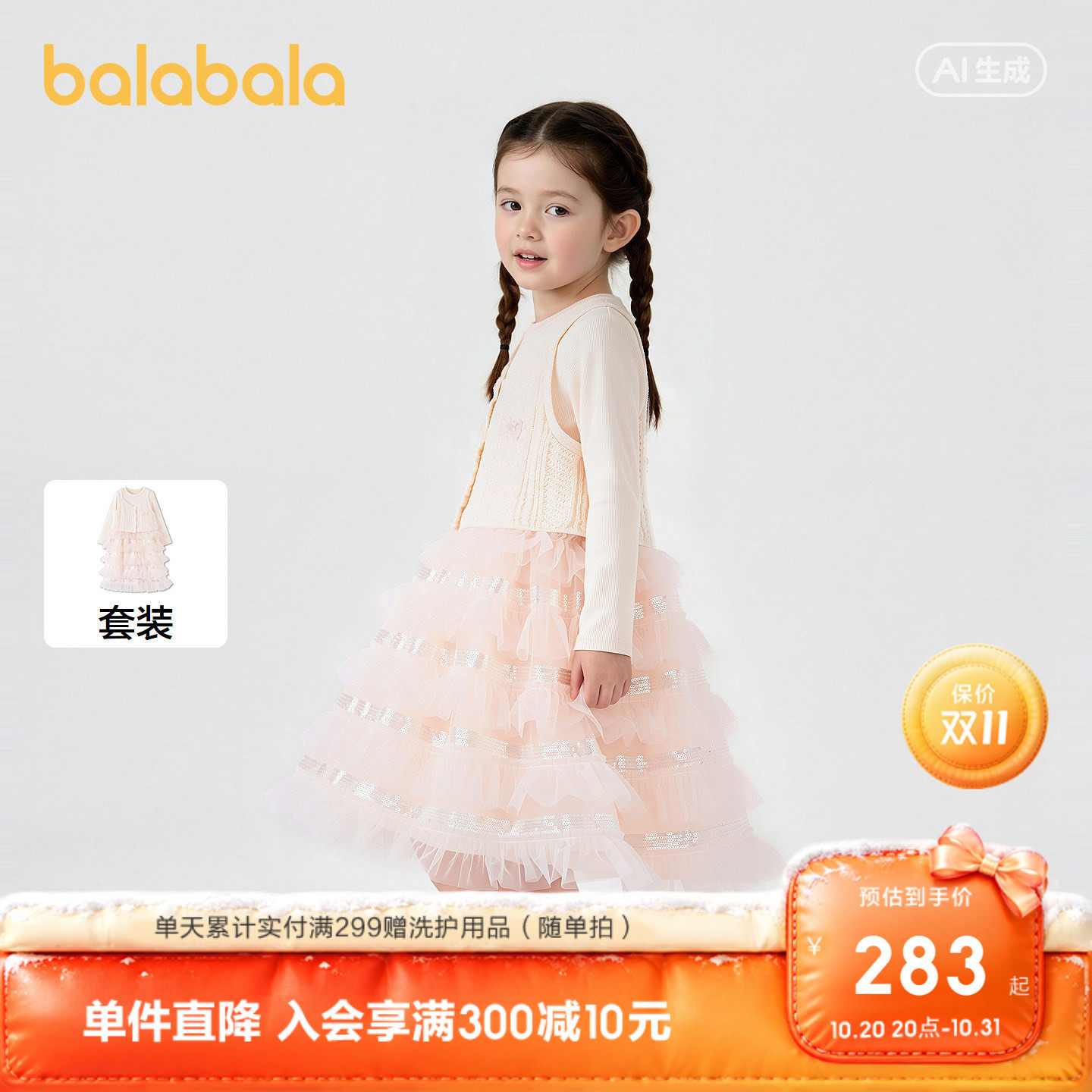 【商场同款】巴拉巴拉童装儿童连衣裙女童26秋季婴儿宝宝小童套装