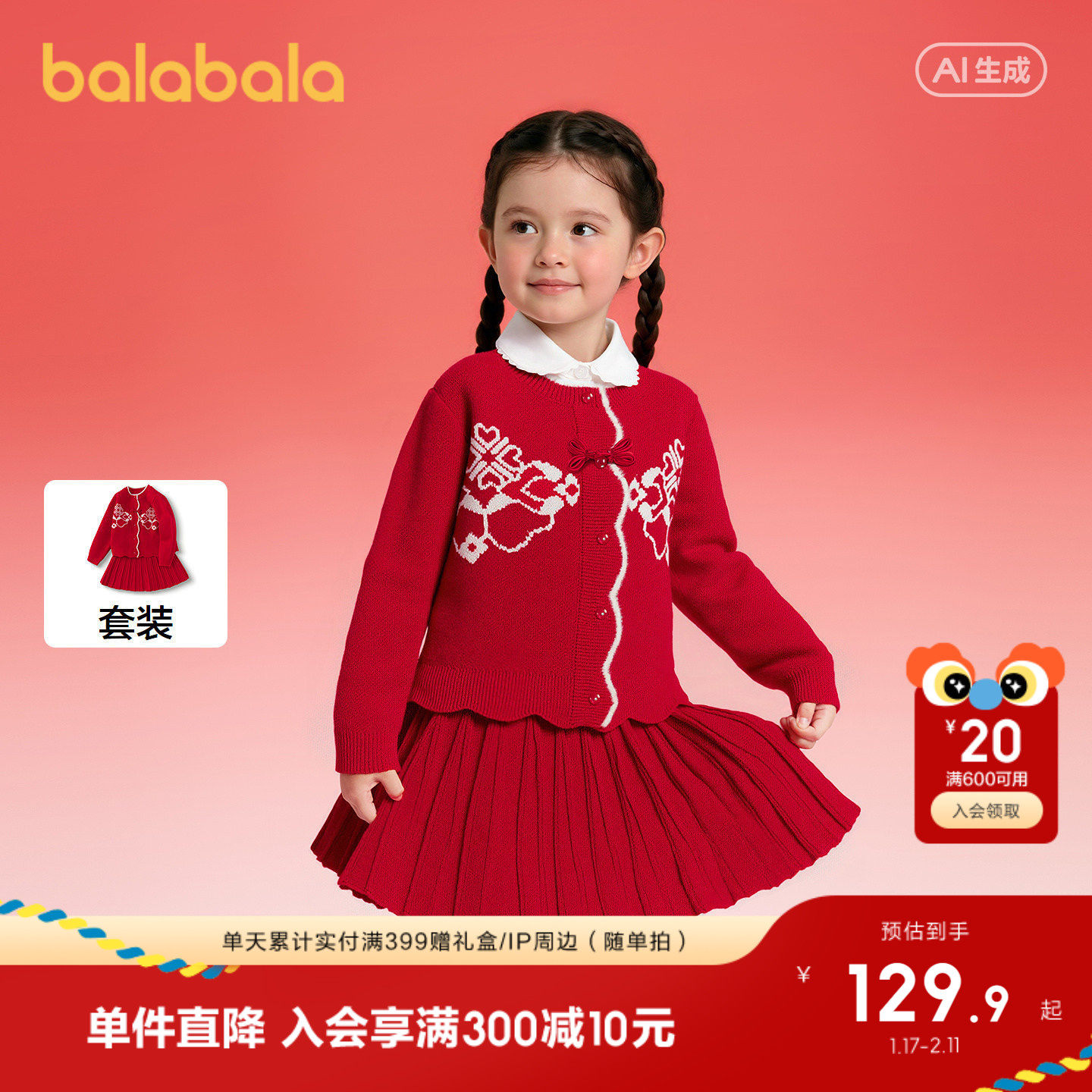 【国博IP】巴拉巴拉女童短裙套装国风春秋季两件套百搭时尚洋气