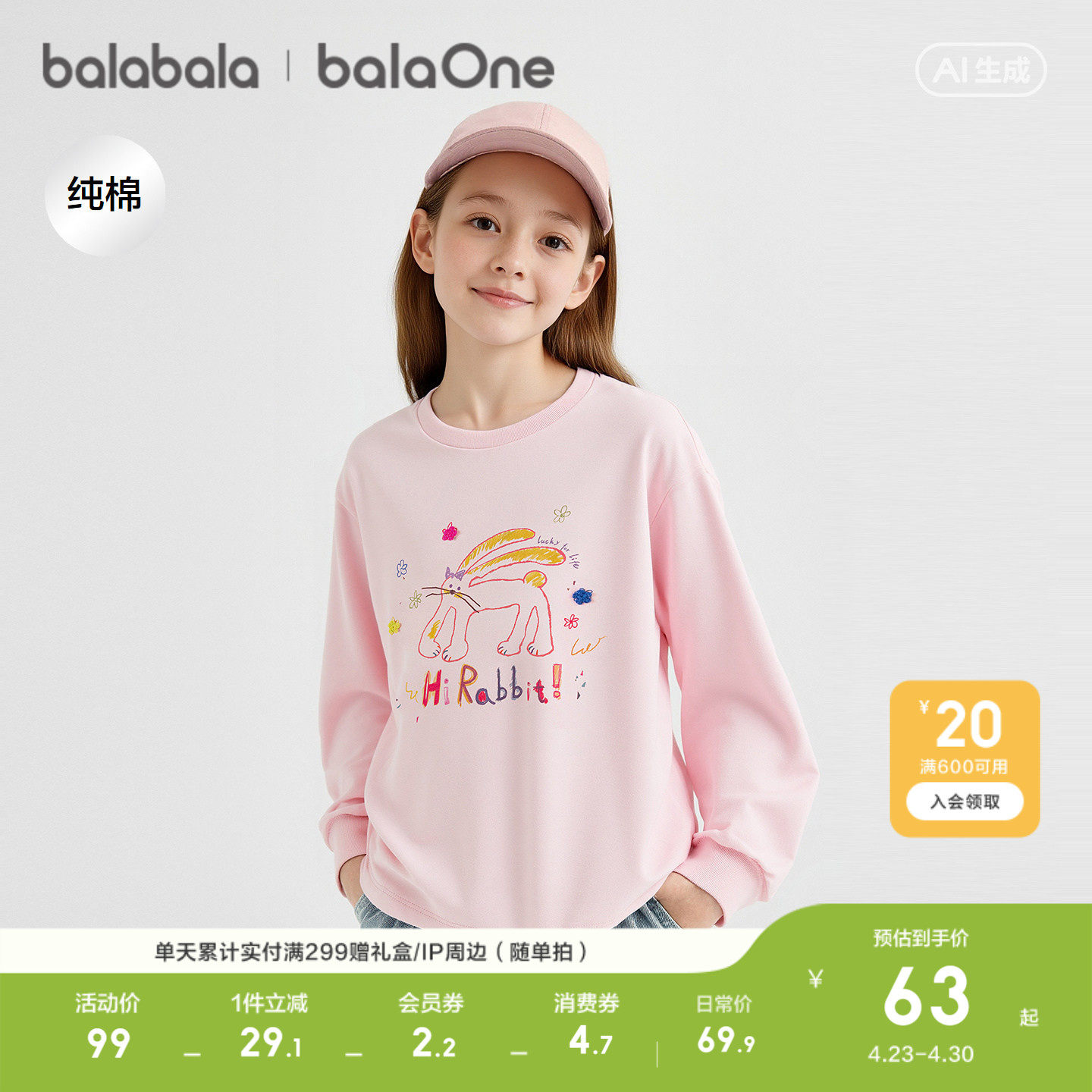 巴拉巴拉童装儿童长袖t恤女童打底衫2026春季新款纯棉衣服上衣潮