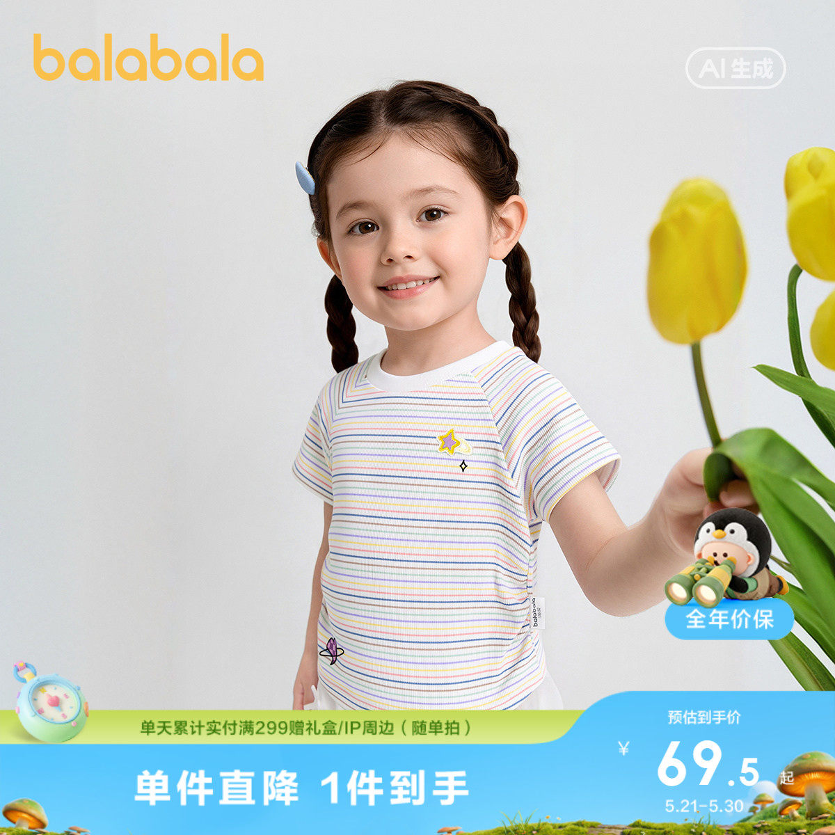 【商场同款】巴拉巴拉儿童短袖t恤女童婴儿宝宝新款夏插肩袖上衣