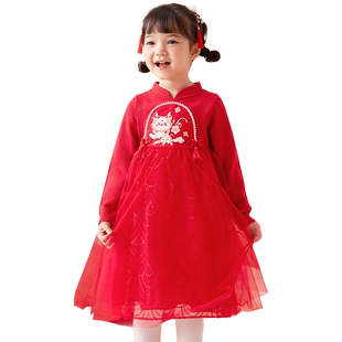 巴拉巴拉女童新中式针织连衣裙2025春秋装新款红色拜年服网纱公主