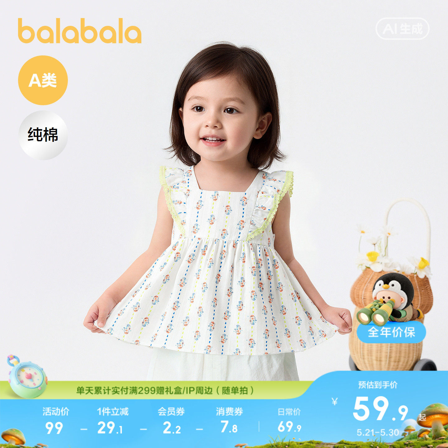 巴拉巴拉童装婴儿衬衫宝宝上衣薄款夏装女童儿童无袖衬衫甜美可爱