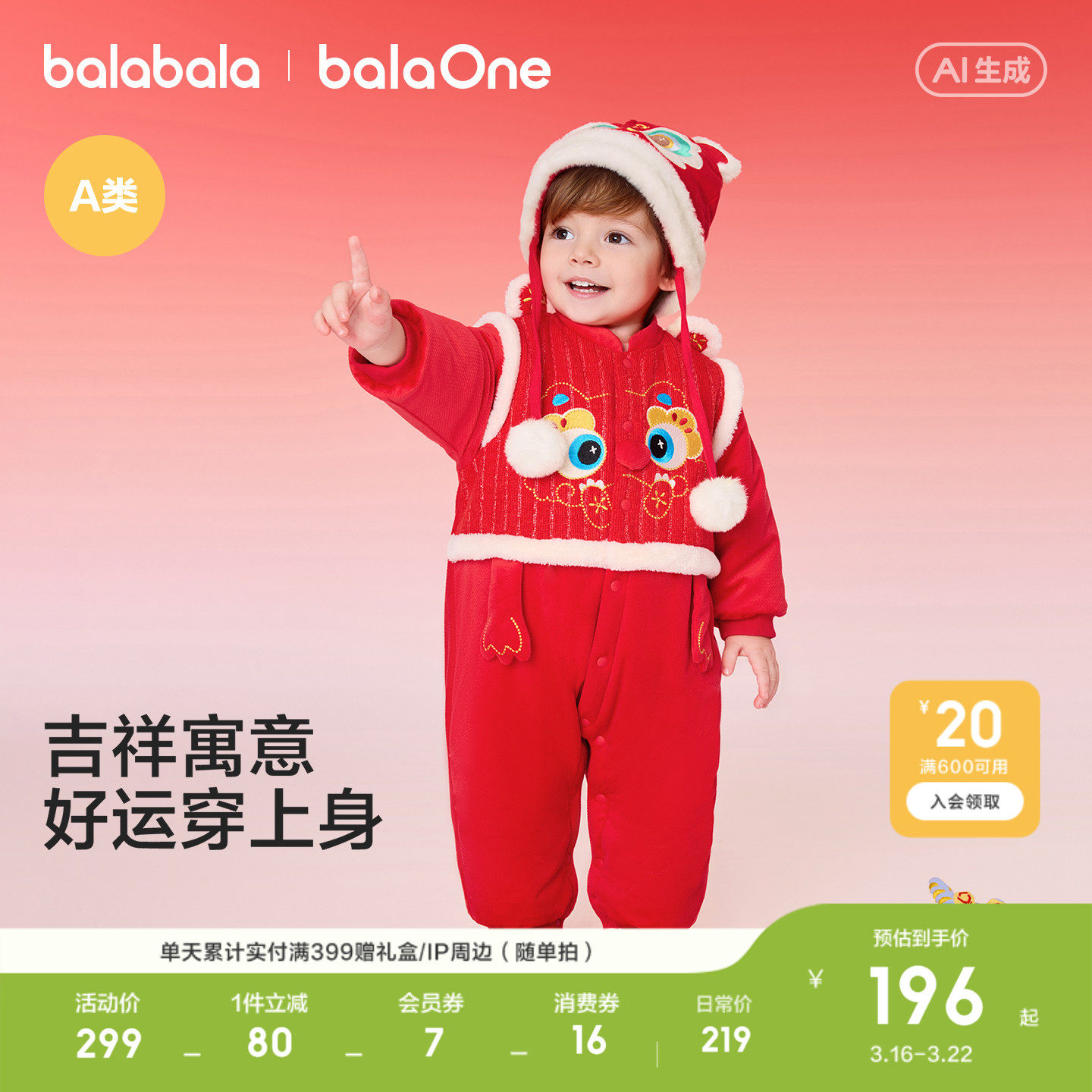 巴拉巴拉童装婴儿连体衣宝宝哈衣爬服2026新款儿童衣服充棉红色萌