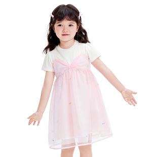 巴拉巴拉儿童裙子夏季女童连衣裙假两件网纱裙小童洋气甜美蝴蝶结