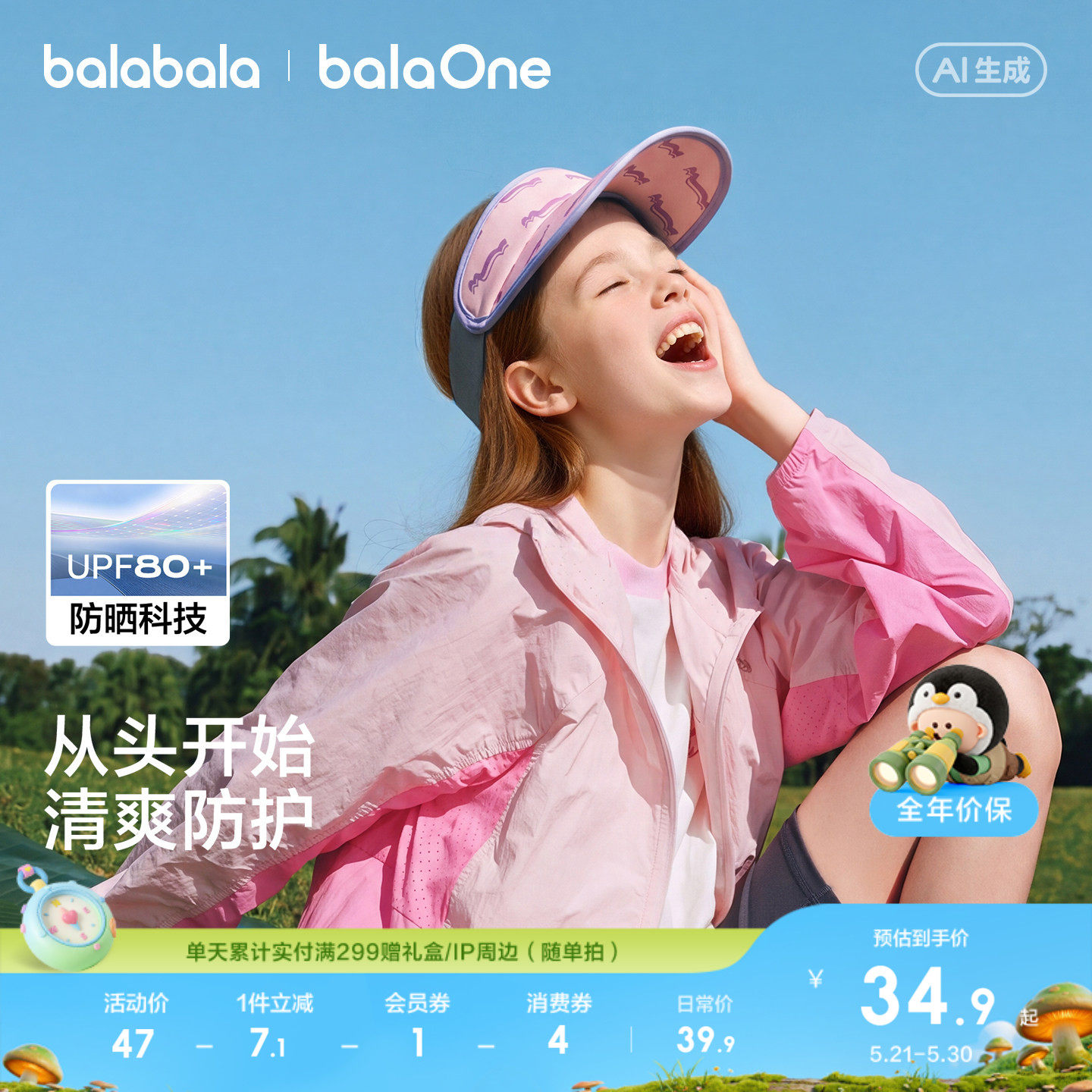 巴拉巴拉儿童防晒帽子男童女童宝宝2026夏新款遮阳防紫外线空顶帽