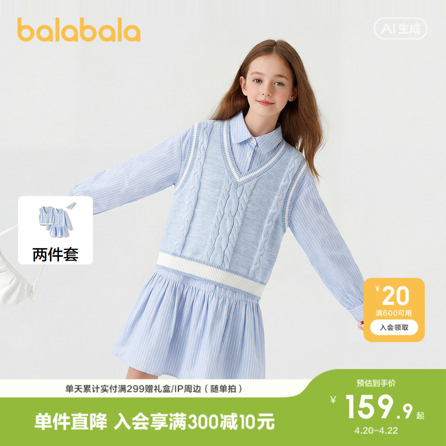 巴拉巴拉童装女童连衣裙儿童两件套春装毛织马甲百搭时尚甜美条纹