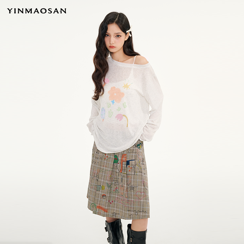 寅卯叁ym3原创手绘花朵印花斜领长袖t恤女宽松慵懒显瘦上衣罩衫秋