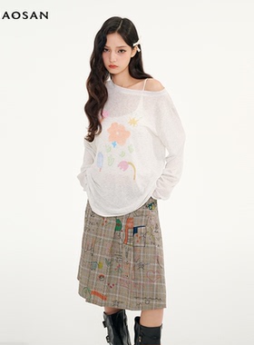 寅卯叁ym3原创手绘花朵印花斜领长袖t恤女宽松慵懒显瘦上衣罩衫秋
