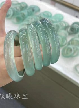 天然油青玛瑙手镯冰种远山黛玉髓扁条油青手镯翡翠青色玉镯镯子女