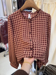 春款 木耳边立领衬衣雪纺衫 上衣格纹长袖 2026年新款 衬衫 减龄妈妈装