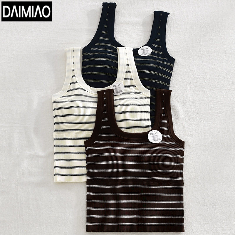 ins71条纹宽肩背心内衣女士带胸垫一体杯无钢圈打底内搭外穿裹胸