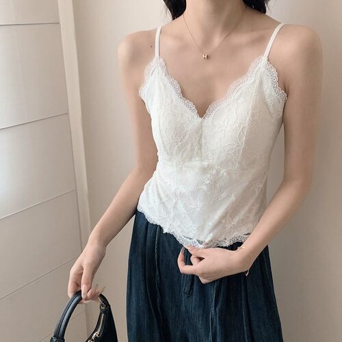 纯欲天花板！v领蕾丝吊带背心一体式固定杯显胸型吊带女62810