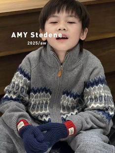 AMY 2025冬款双拉链复古费尔岛羊绒衫男女童加厚百分百山羊绒亲子