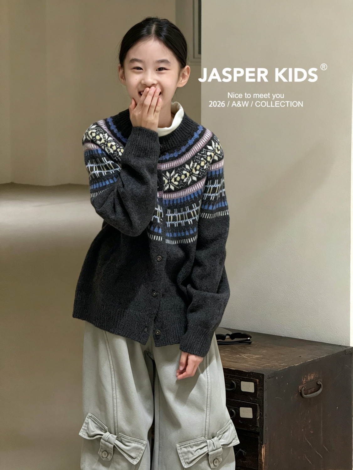 JASPER正版波拉童装2026秋冬男女童费尔岛针织开衫中大童毛衣外套