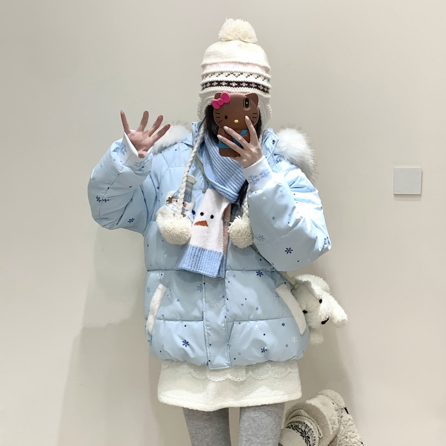 甜美可爱雪花雪人印花棉服女冬季连帽毛领棉服短款保暖小个子外套