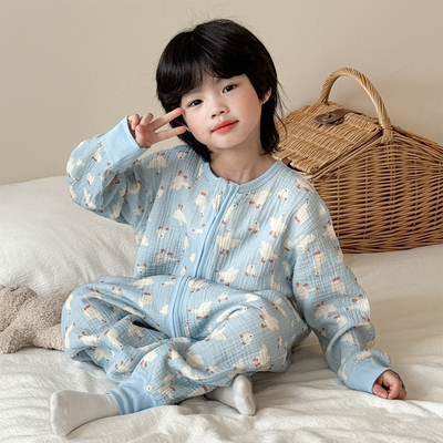 宝宝连体睡衣春秋款纯棉纱布薄款儿童睡袋防踢被男女童春夏家居服