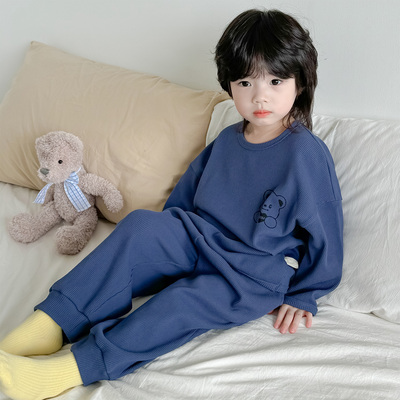 儿童春秋长袖华夫格家居服纯棉