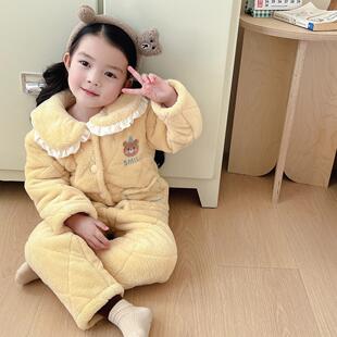女童睡衣加绒冬季珊瑚绒保暖防寒套装男中大童三层加厚夹棉居家服