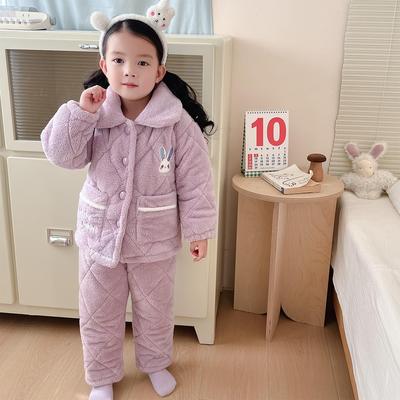 儿童三层夹棉睡衣冬季男女童珊瑚绒家居服秋冬款加绒加厚套装保暖