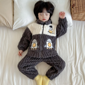 睡衣男宝秋冬季2023新款加绒加厚法兰绒套装男童珊瑚绒女童家居服