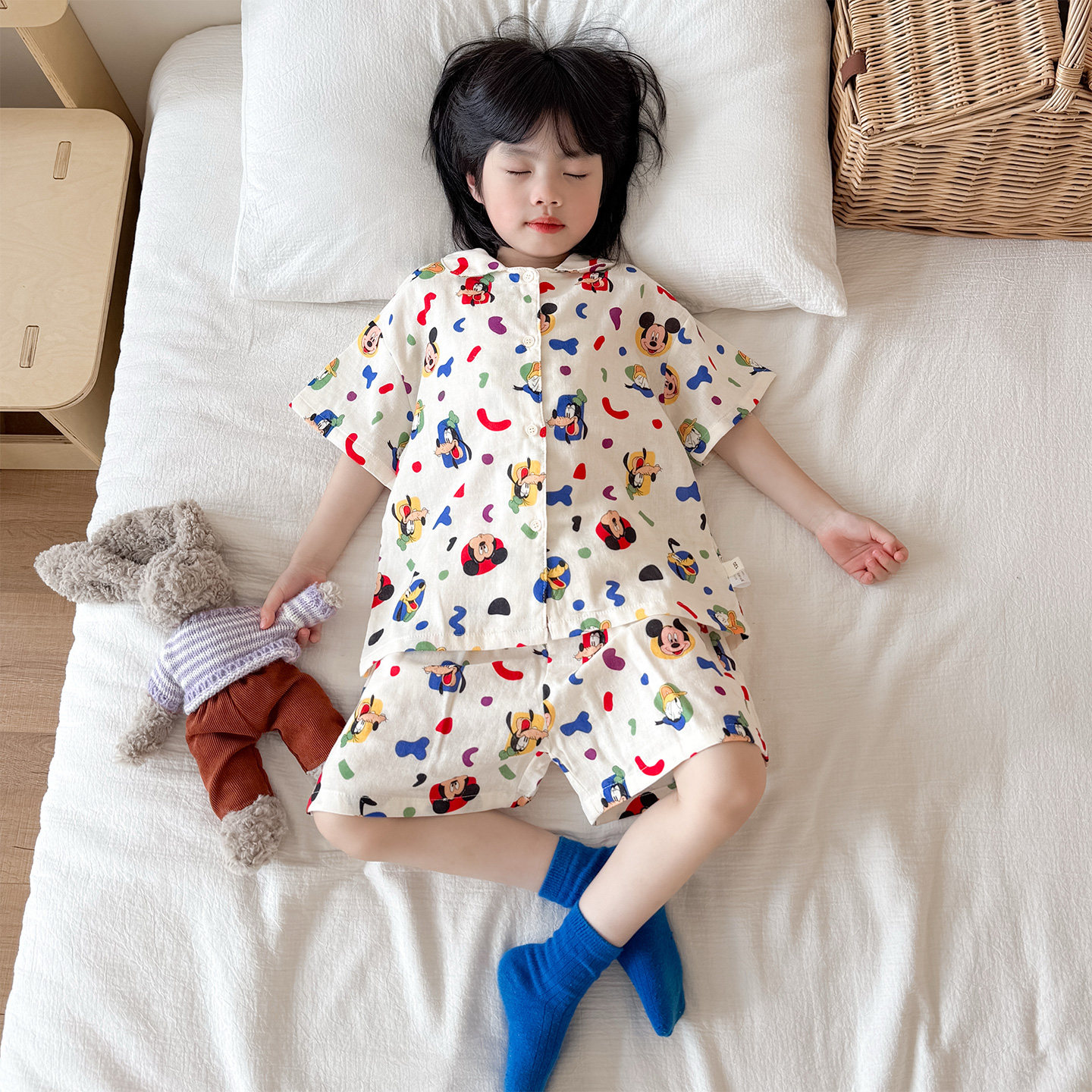 儿童睡衣短袖短裤夏季薄款纯棉纱布亲子套装男女童翻领开衫家居服