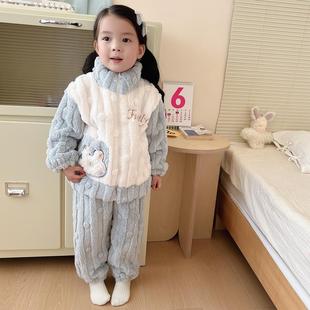 法兰绒女童家居服高领拉链套装加厚A类儿童珊瑚绒防静电睡衣冬款