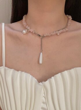 pixiemarket欧美法式碎石水滴珍珠吊坠项链小众超仙锁骨链颈链潮
