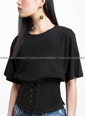 pixiemarket欧美新款时尚简约套头纯色T恤收腰绑带短袖纯色上衣女