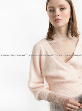 pixiemarket欧美新款时尚性感大v领灯笼袖短款宽松修身纯色毛衣女
