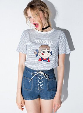 pixiemarket欧美风休闲俏皮不二家牛奶妹印花条纹圆领短袖T恤上衣