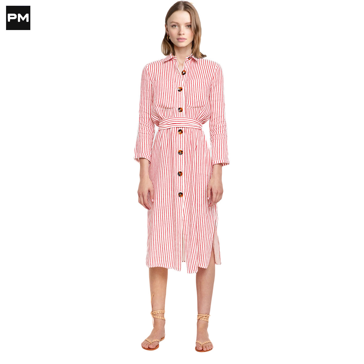 pixiemarket欧美风时尚简约通勤ol风格收腰条纹衬衫连衣裙