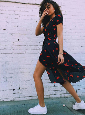 pixiemarket欧美度假沙滩裙樱桃印花短袖V领系带长裙裹身连衣裙女