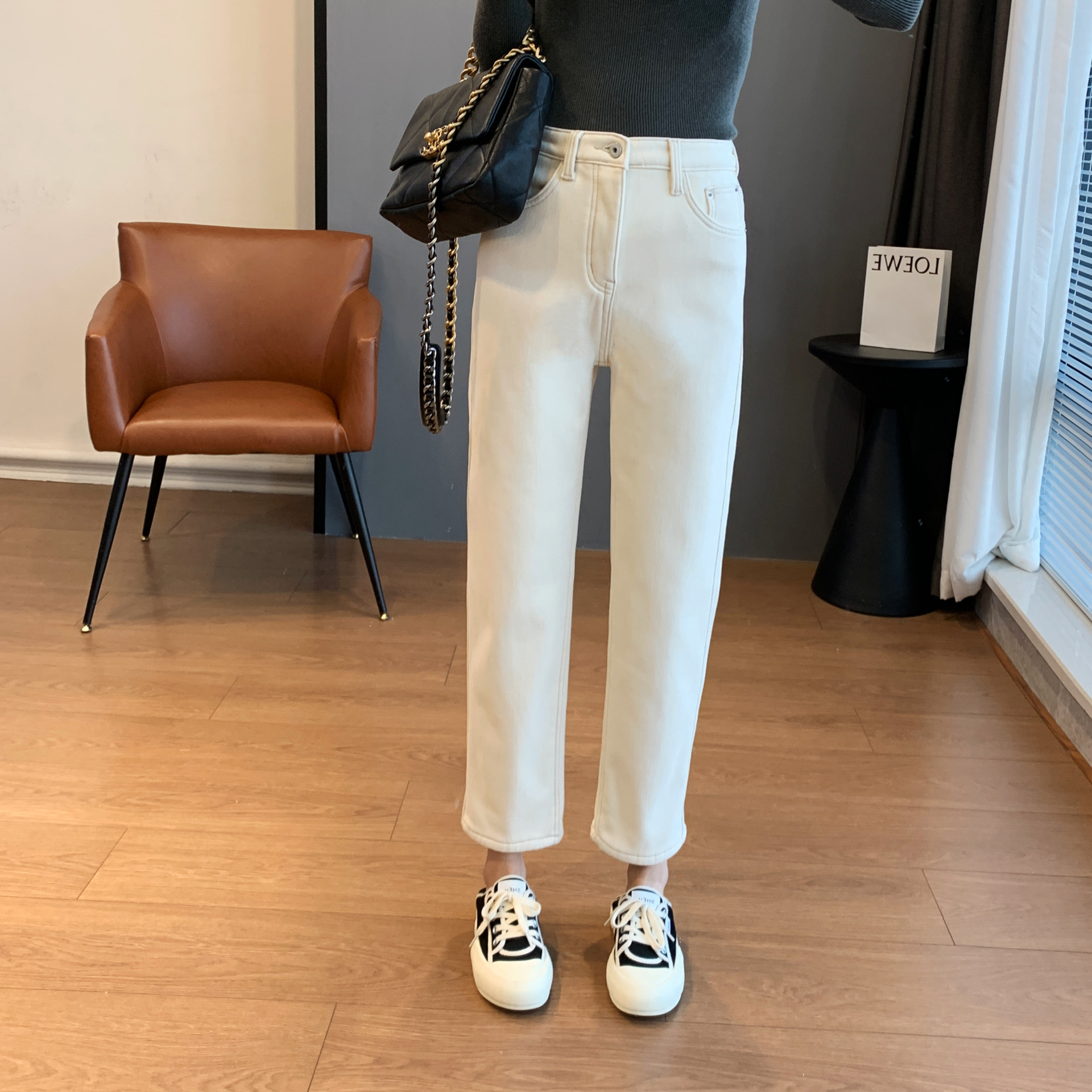 2025秋冬加绒四面弹法棍裤百搭显瘦中高腰复古王牌牛仔裤烟管裤白