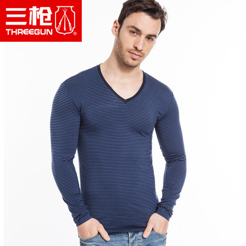 三枪维耐寒系列 舒莫尔暖轻薄横条纹/纯色V领长袖男打底衫21965A0 - 封面